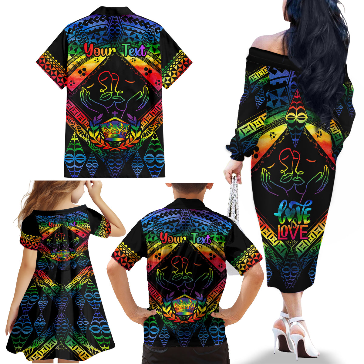 Personalised Tonga LGBT Family Matching Off Shoulder Long Sleeve Dress and Hawaiian Shirt Love Is Love Ngatu Rainbow Water Color - Wonder Print Shop