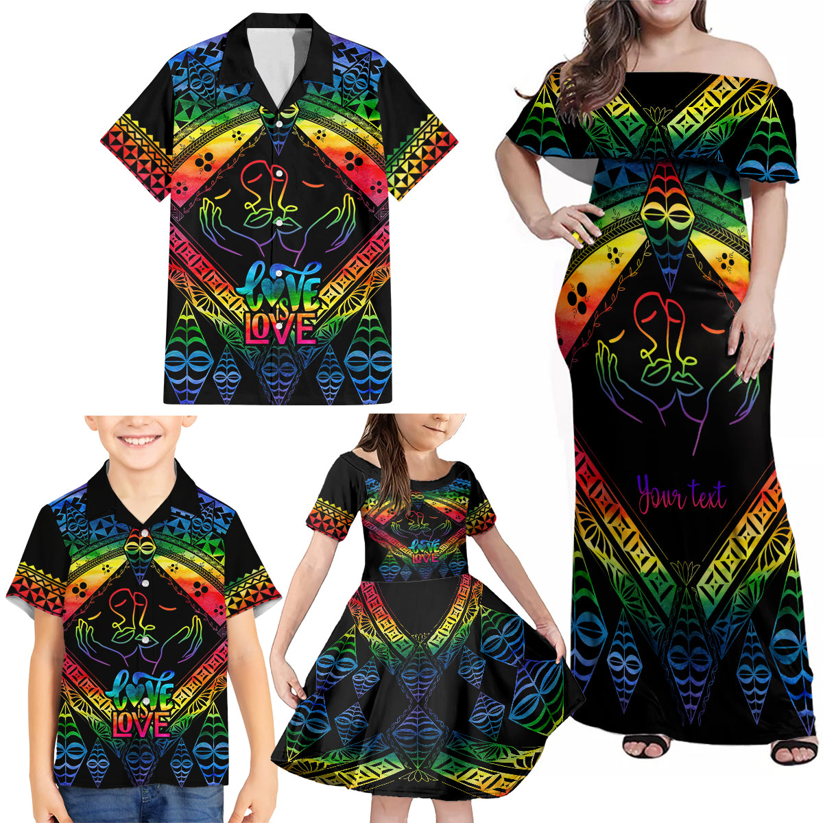 Personalised Tonga LGBT Family Matching Off Shoulder Maxi Dress and Hawaiian Shirt Love Is Love Ngatu Rainbow Water Color LT9 - Wonder Print Shop