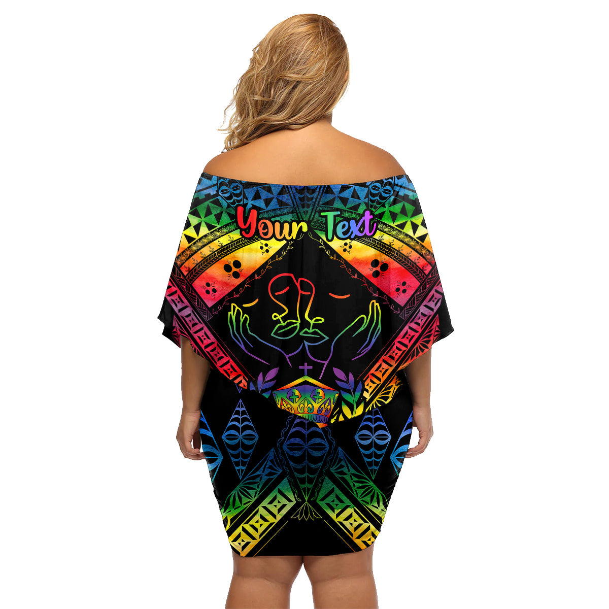 Personalised Tonga LGBT Family Matching Off Shoulder Short Dress and Hawaiian Shirt Love Is Love Ngatu Rainbow Water Color LT9 - Wonder Print Shop