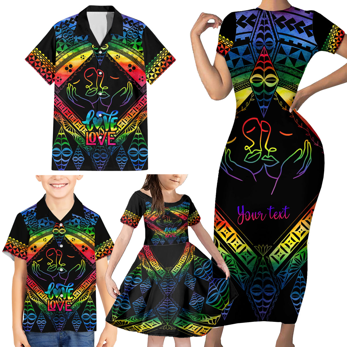 Personalised Tonga LGBT Family Matching Short Sleeve Bodycon Dress and Hawaiian Shirt Love Is Love Ngatu Rainbow Water Color - Wonder Print Shop
