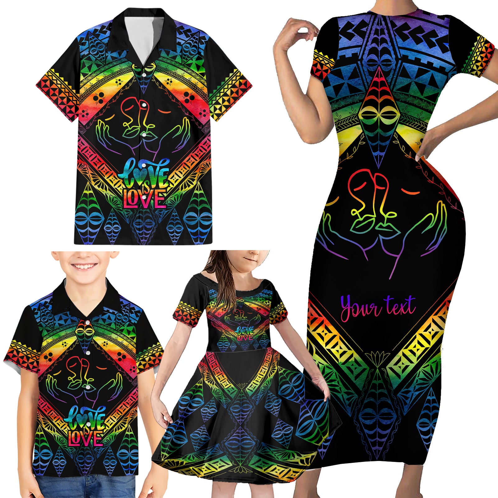 Personalised Tonga LGBT Family Matching Short Sleeve Bodycon Dress and Hawaiian Shirt Love Is Love Ngatu Rainbow Water Color - Wonder Print Shop