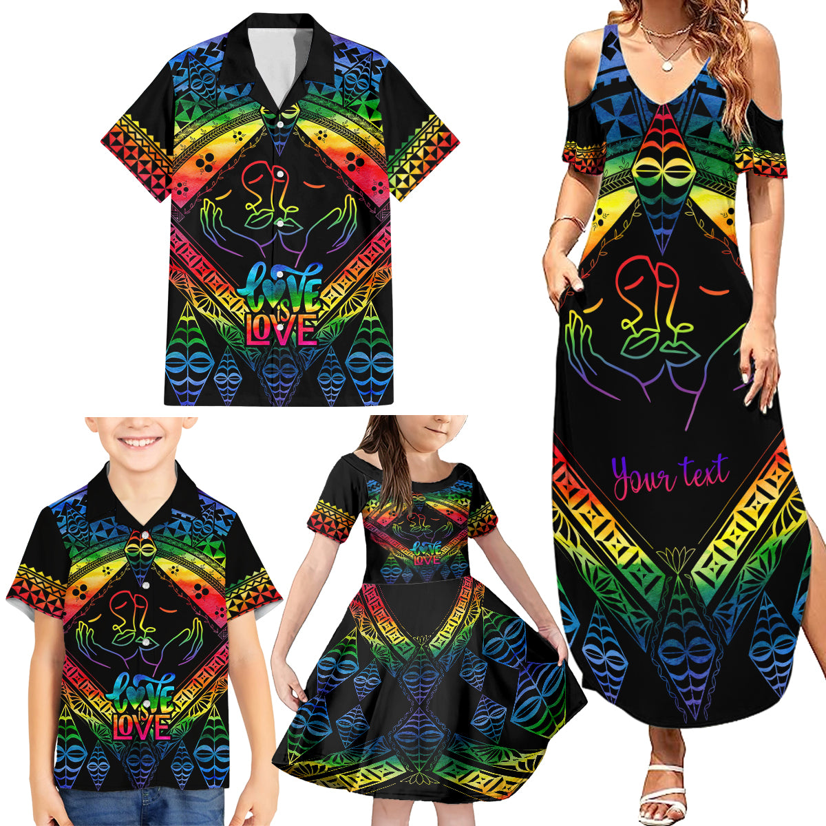 Personalised Tonga LGBT Family Matching Summer Maxi Dress and Hawaiian Shirt Love Is Love Ngatu Rainbow Water Color - Wonder Print Shop