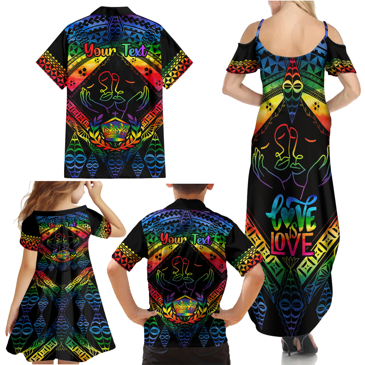 Personalised Tonga LGBT Family Matching Summer Maxi Dress and Hawaiian Shirt Love Is Love Ngatu Rainbow Water Color - Wonder Print Shop