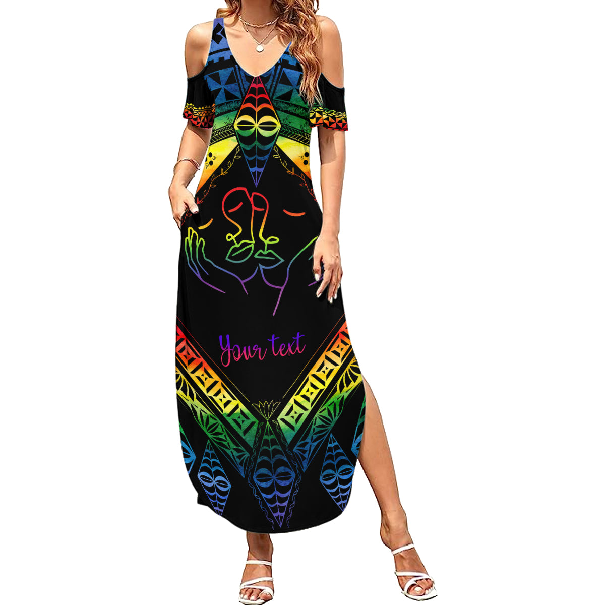 Personalised Tonga LGBT Family Matching Summer Maxi Dress and Hawaiian Shirt Love Is Love Ngatu Rainbow Water Color - Wonder Print Shop