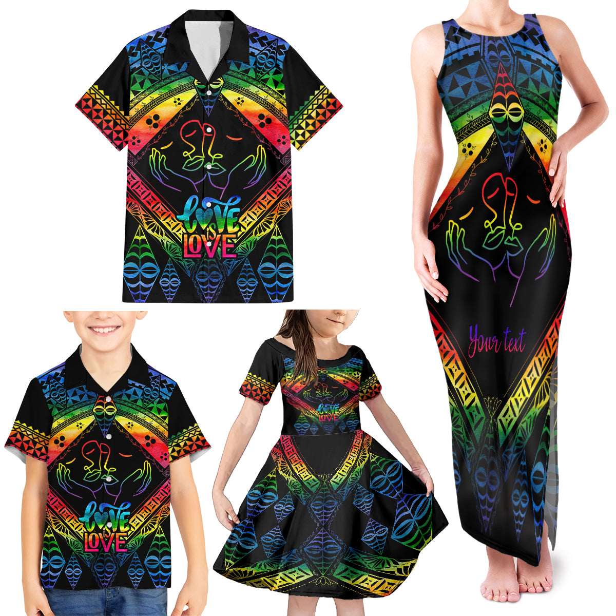 Personalised Tonga LGBT Family Matching Tank Maxi Dress and Hawaiian Shirt Love Is Love Ngatu Rainbow Water Color - Wonder Print Shop