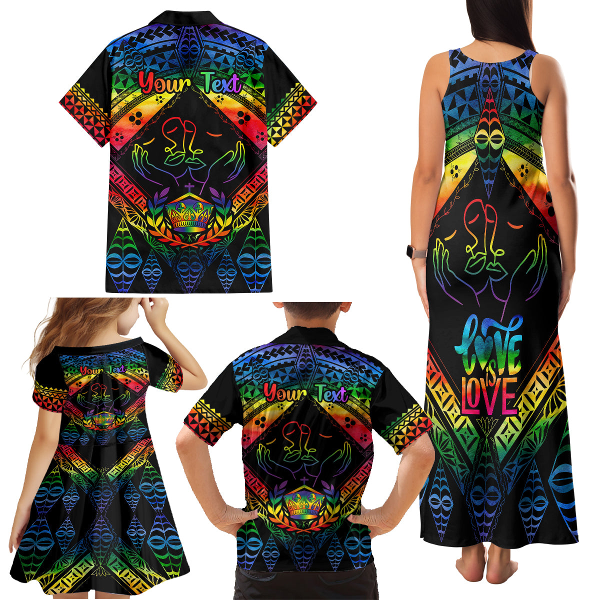 Personalised Tonga LGBT Family Matching Tank Maxi Dress and Hawaiian Shirt Love Is Love Ngatu Rainbow Water Color - Wonder Print Shop