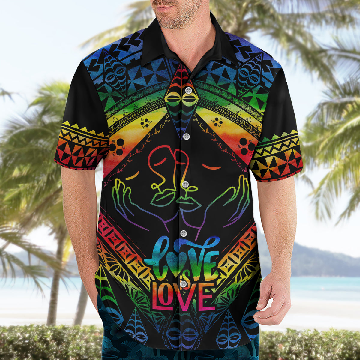 Personalised Tonga LGBT Hawaiian Shirt Love Is Love Ngatu Rainbow Water Color - Wonder Print Shop