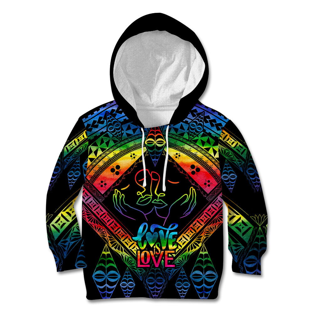 Personalised Tonga LGBT Kid Hoodie Love Is Love Ngatu Rainbow Water Color - Wonder Print Shop