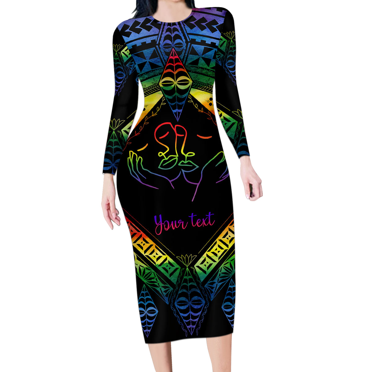 Personalised Tonga LGBT Long Sleeve Bodycon Dress Love Is Love Ngatu Rainbow Water Color - Wonder Print Shop