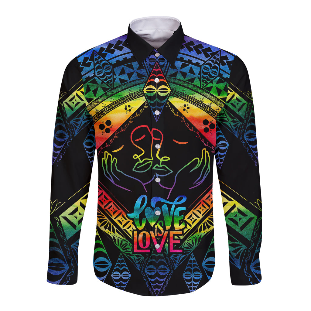 Personalised Tonga LGBT Long Sleeve Button Shirt Love Is Love Ngatu Rainbow Water Color - Wonder Print Shop