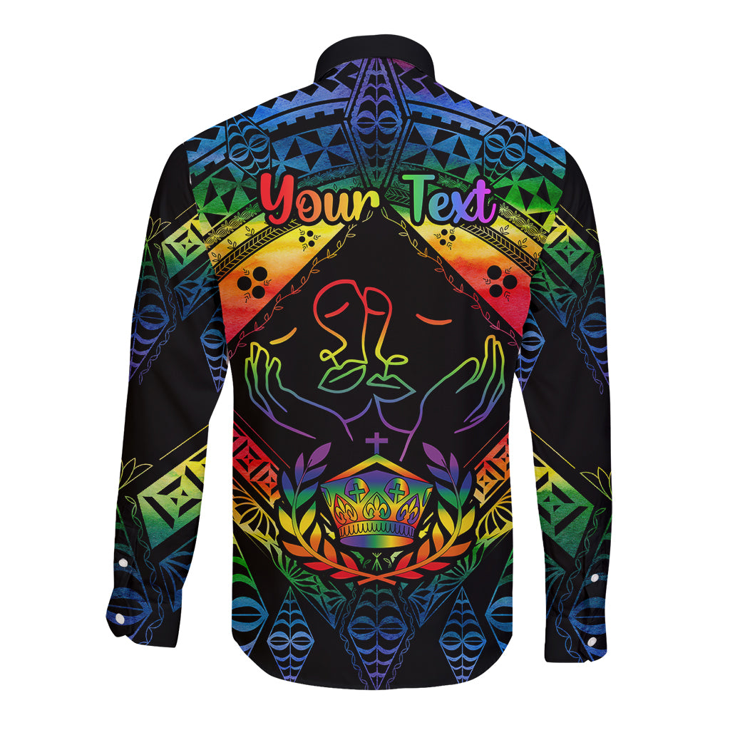Personalised Tonga LGBT Long Sleeve Button Shirt Love Is Love Ngatu Rainbow Water Color - Wonder Print Shop