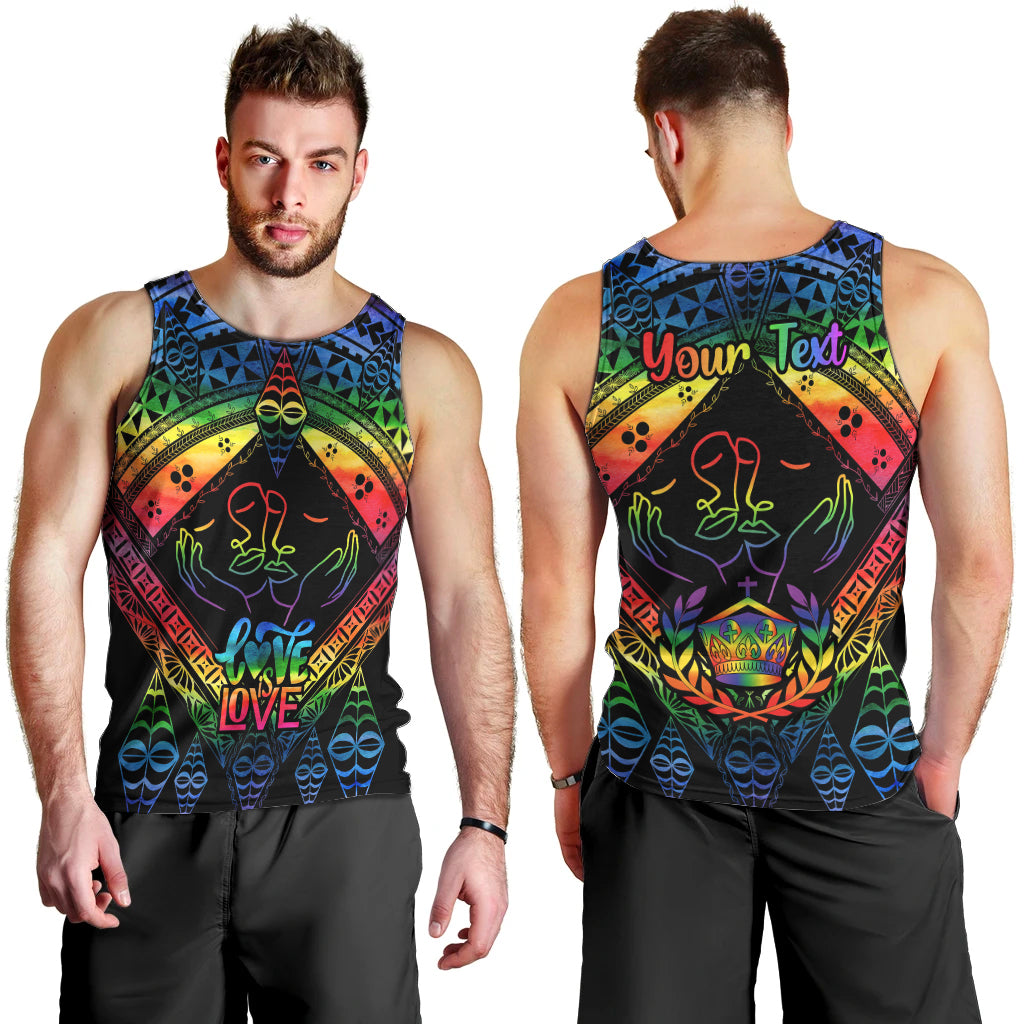 Personalised Tonga LGBT Men Tank Top Love Is Love Ngatu Rainbow Water Color - Wonder Print Shop