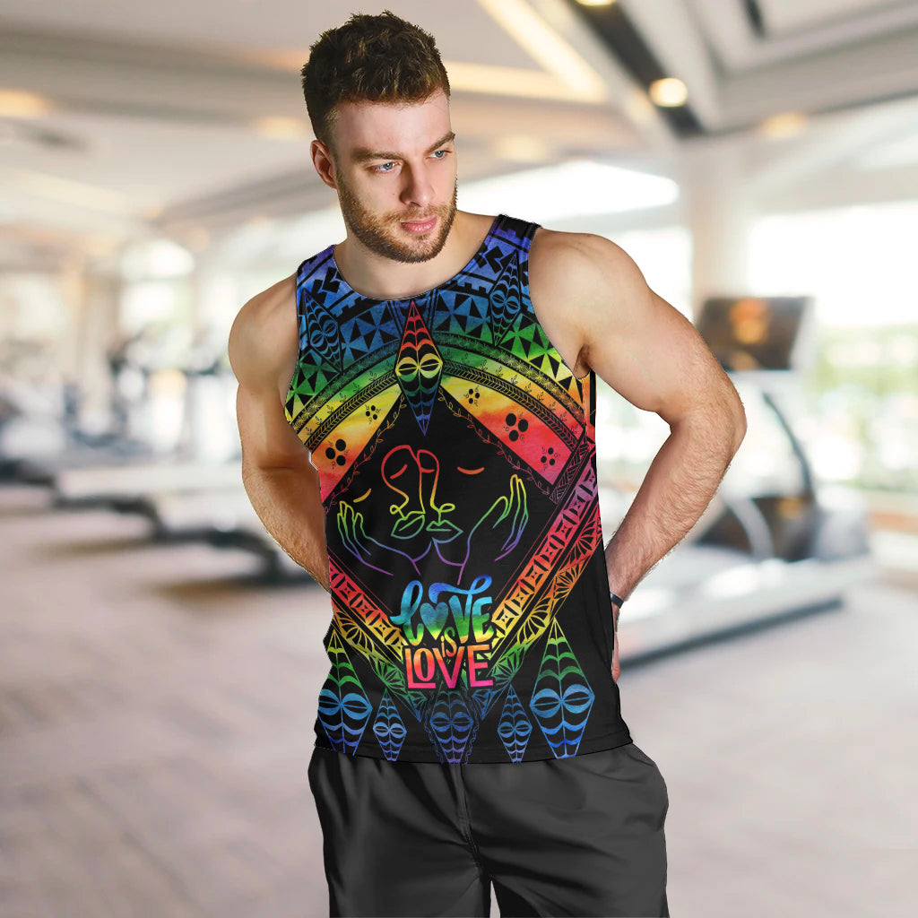 Personalised Tonga LGBT Men Tank Top Love Is Love Ngatu Rainbow Water Color - Wonder Print Shop