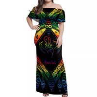 Personalised Tonga LGBT Off Shoulder Maxi Dress Love Is Love Ngatu Rainbow Water Color - Wonder Print Shop
