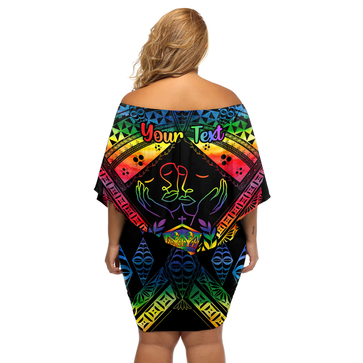 Personalised Tonga LGBT Off Shoulder Short Dress Love Is Love Ngatu Rainbow Water Color - Wonder Print Shop