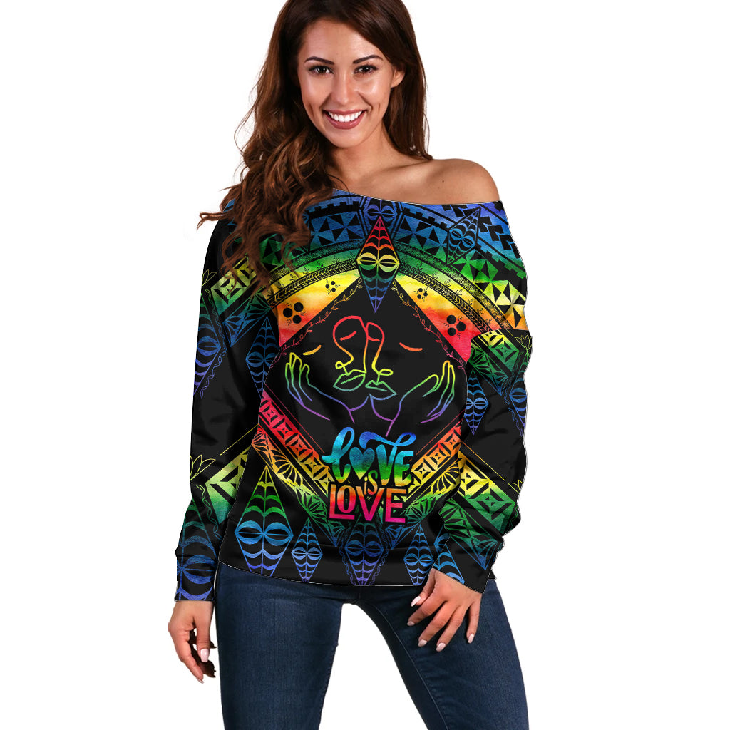 Personalised Tonga LGBT Off Shoulder Sweater Love Is Love Ngatu Rainbow Water Color - Wonder Print Shop