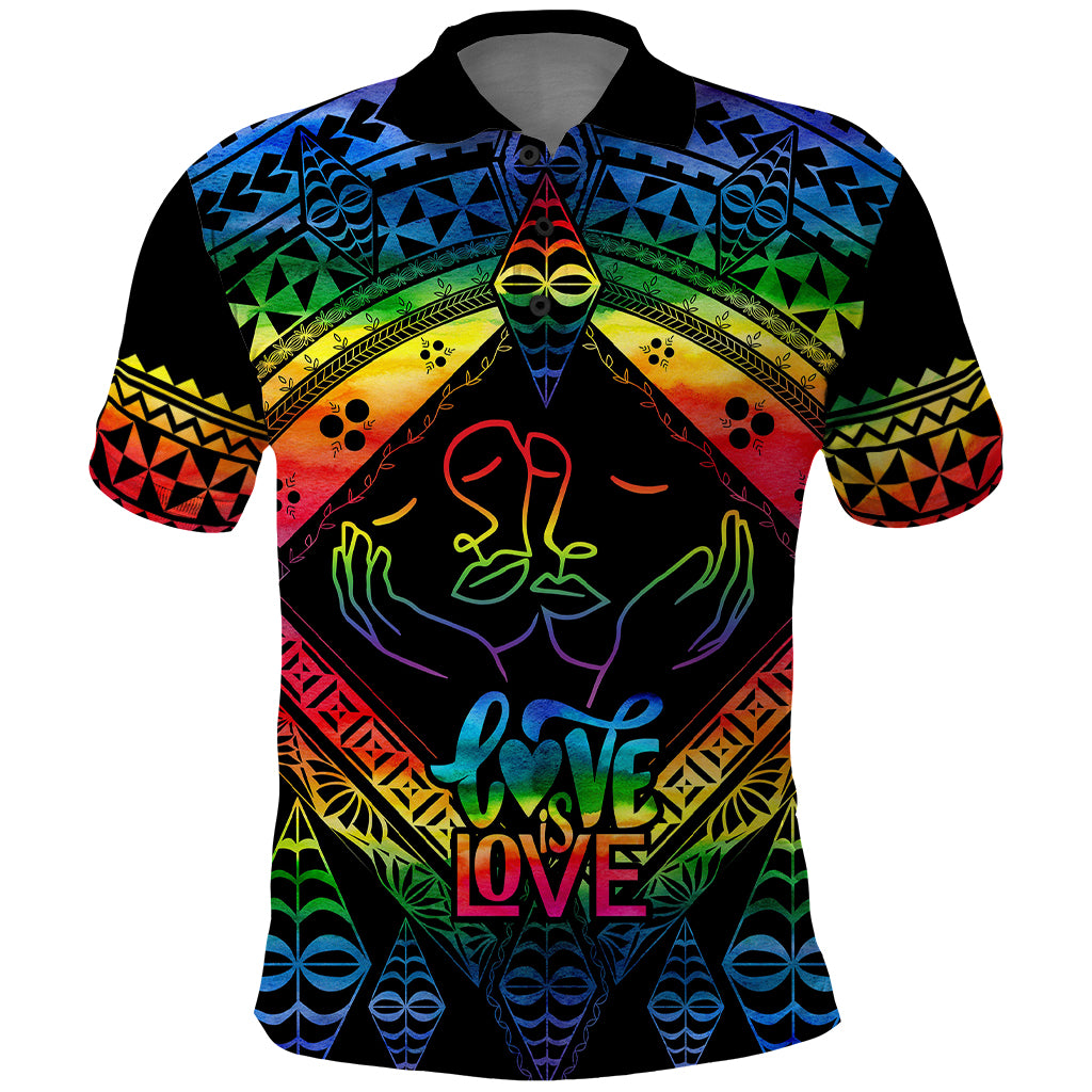 Personalised Tonga LGBT Polo Shirt Love Is Love Ngatu Rainbow Water Color - Wonder Print Shop