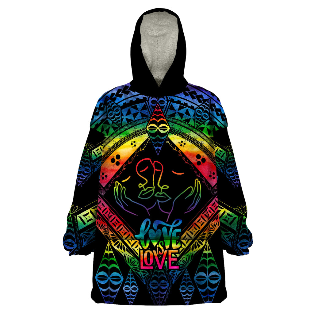 Personalised Tonga LGBT Wearable Blanket Hoodie Love Is Love Ngatu Rainbow Water Color - Wonder Print Shop