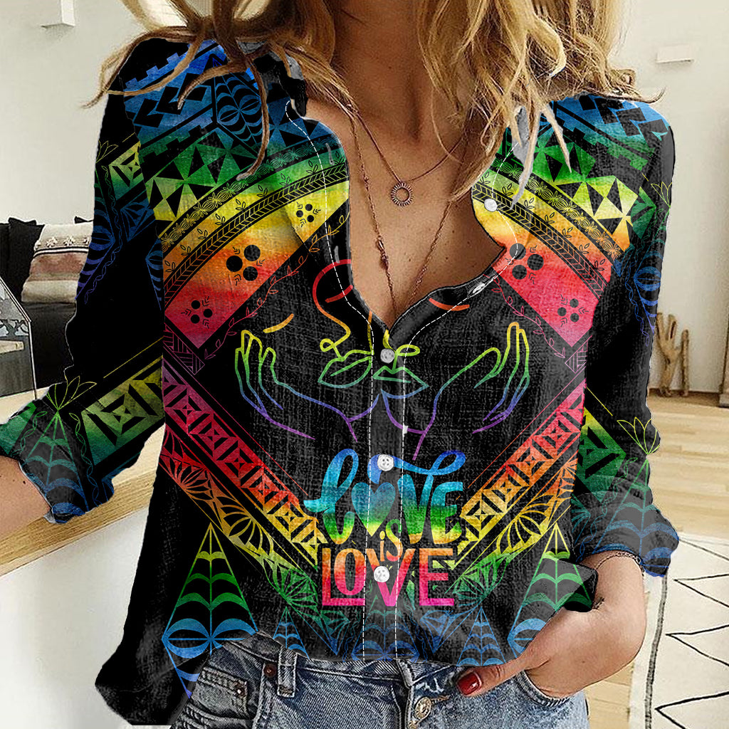 Personalised Tonga LGBT Women Casual Shirt Love Is Love Ngatu Rainbow Water Color - Wonder Print Shop