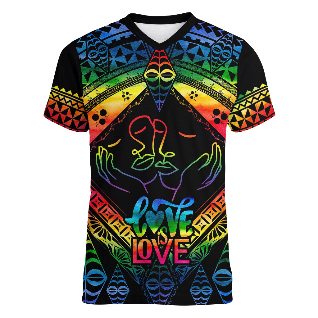 Personalised Tonga LGBT Women V Neck T Shirt Love Is Love Ngatu Rainbow Water Color - Wonder Print Shop