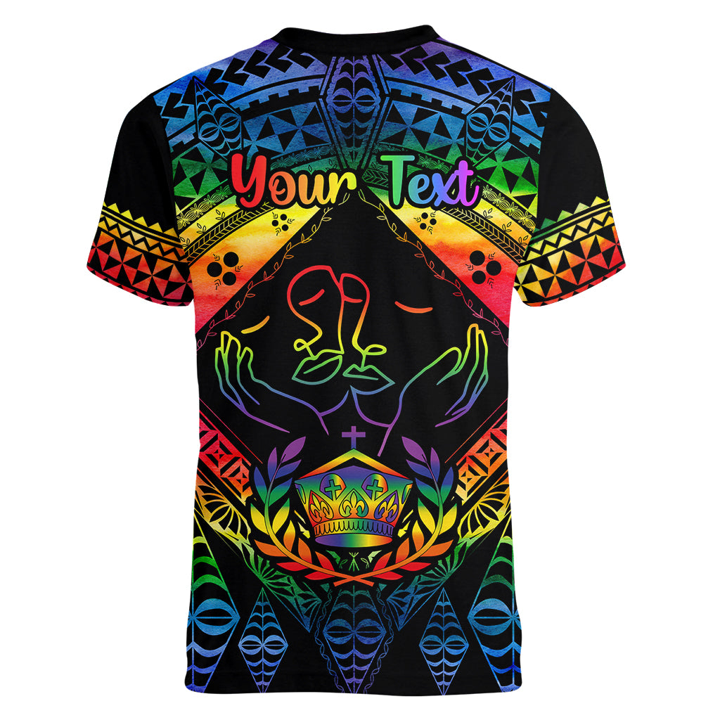 Personalised Tonga LGBT Women V Neck T Shirt Love Is Love Ngatu Rainbow Water Color - Wonder Print Shop