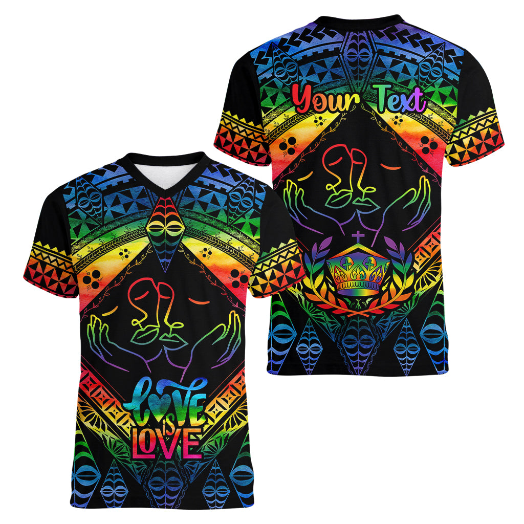 Personalised Tonga LGBT Women V Neck T Shirt Love Is Love Ngatu Rainbow Water Color - Wonder Print Shop