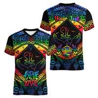 Personalised Tonga LGBT Women V Neck T Shirt Love Is Love Ngatu Rainbow Water Color - Wonder Print Shop
