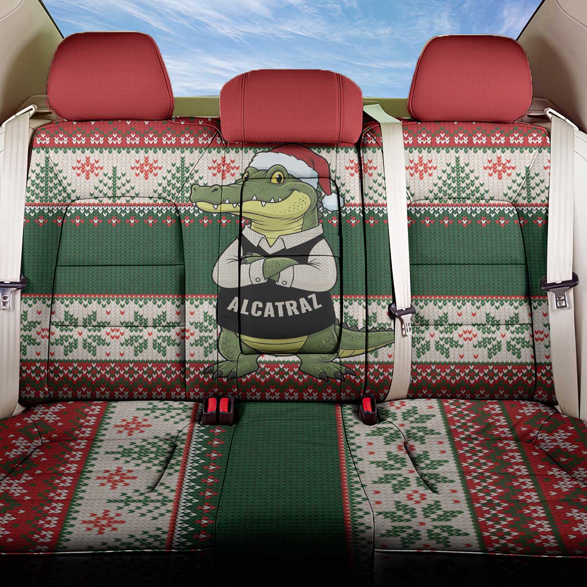Funny Christmas Alligator Santa Back Car Seat Cover Knitted Pattern - Wonder Print Shop