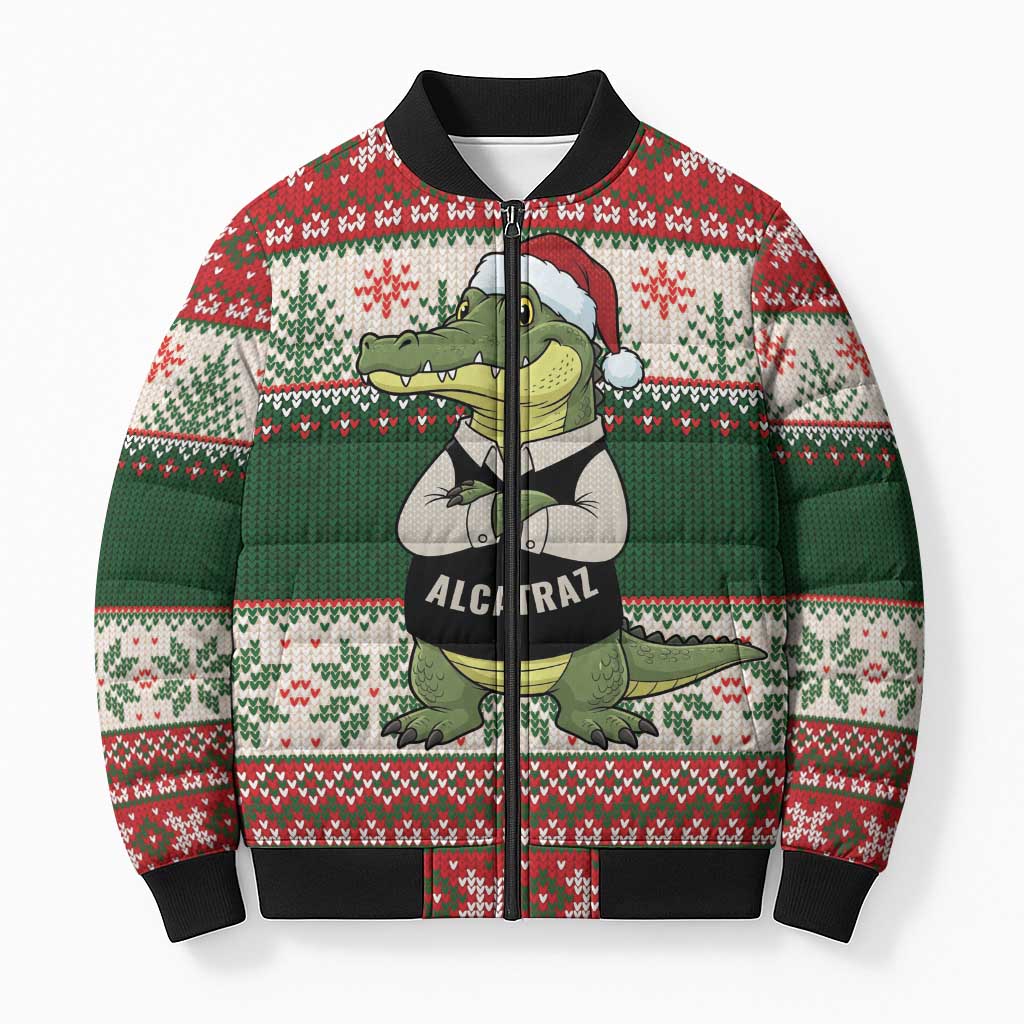 Funny Christmas Alligator Santa Bomber Puffer Jacket Knitted Pattern - Wonder Print Shop