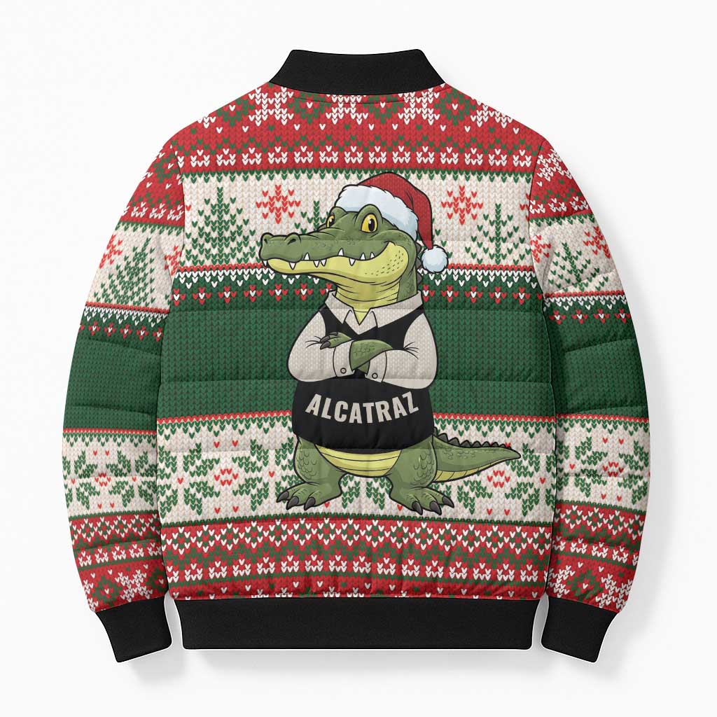 Funny Christmas Alligator Santa Bomber Puffer Jacket Knitted Pattern - Wonder Print Shop