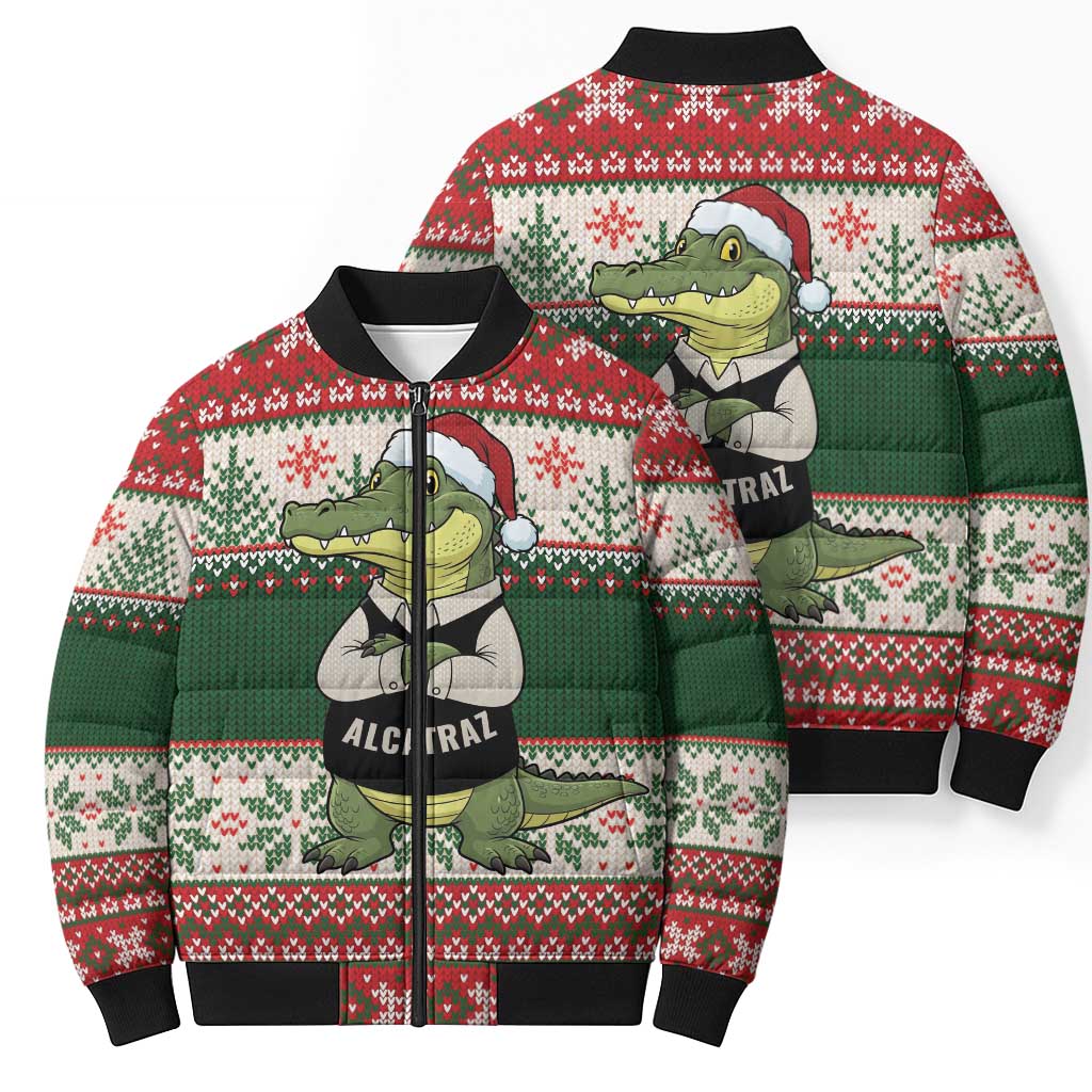 Funny Christmas Alligator Santa Bomber Puffer Jacket Knitted Pattern - Wonder Print Shop