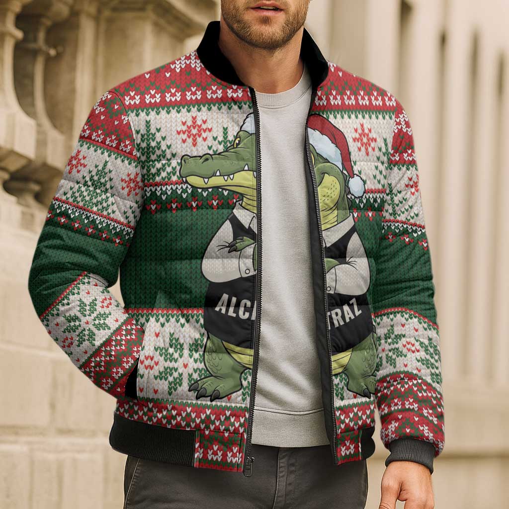 Funny Christmas Alligator Santa Bomber Puffer Jacket Knitted Pattern - Wonder Print Shop