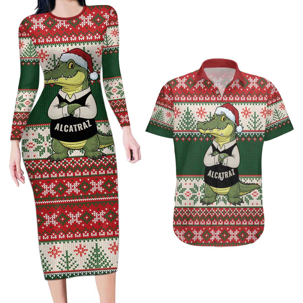 Funny Christmas Alligator Santa Couples Matching Long Sleeve Bodycon Dress and Hawaiian Shirt Knitted Pattern - Wonder Print Shop