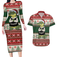 Funny Christmas Alligator Santa Couples Matching Long Sleeve Bodycon Dress and Hawaiian Shirt Knitted Pattern - Wonder Print Shop