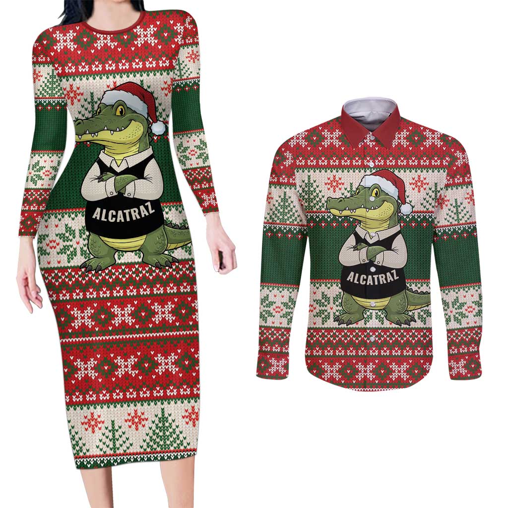 Funny Christmas Alligator Santa Couples Matching Long Sleeve Bodycon Dress and Long Sleeve Button Shirt Knitted Pattern - Wonder Print Shop