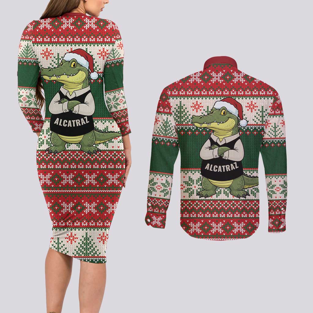 Funny Christmas Alligator Santa Couples Matching Long Sleeve Bodycon Dress and Long Sleeve Button Shirt Knitted Pattern - Wonder Print Shop
