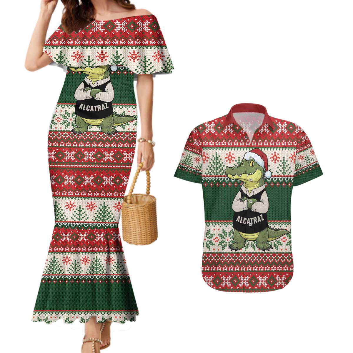 Funny Christmas Alligator Santa Couples Matching Mermaid Dress and Hawaiian Shirt Knitted Pattern - Wonder Print Shop