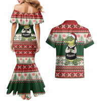 Funny Christmas Alligator Santa Couples Matching Mermaid Dress and Hawaiian Shirt Knitted Pattern - Wonder Print Shop