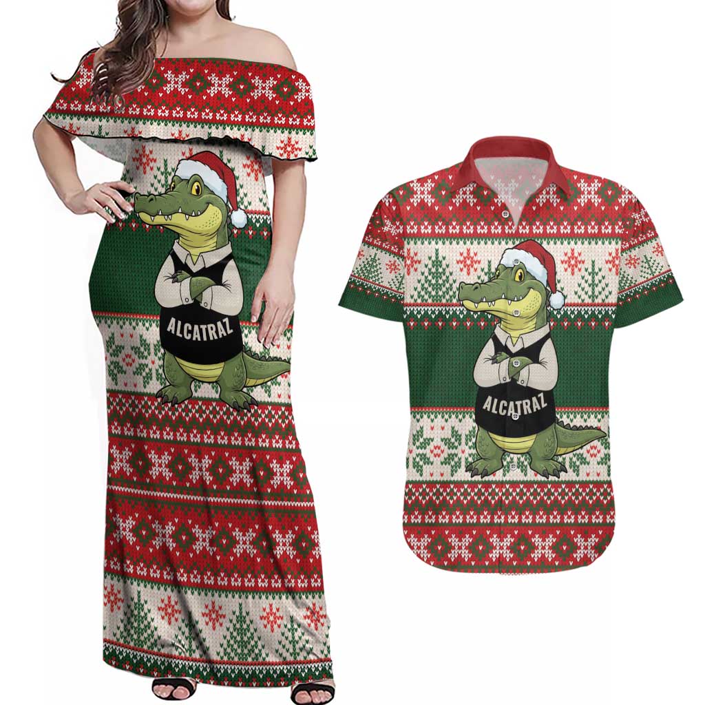 Funny Christmas Alligator Santa Couples Matching Off Shoulder Maxi Dress and Hawaiian Shirt Knitted Pattern - Wonder Print Shop