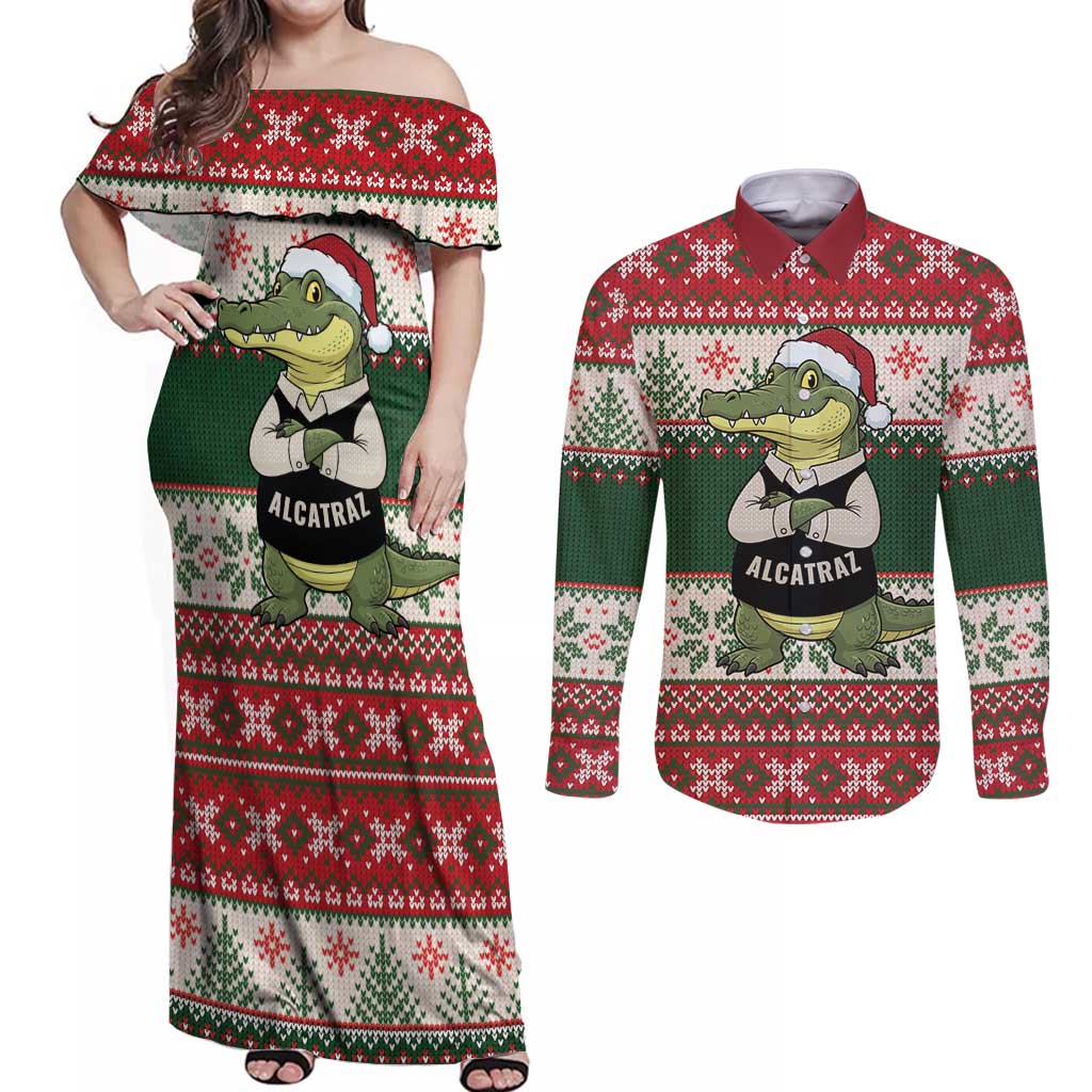 Funny Christmas Alligator Santa Couples Matching Off Shoulder Maxi Dress and Long Sleeve Button Shirt Knitted Pattern - Wonder Print Shop