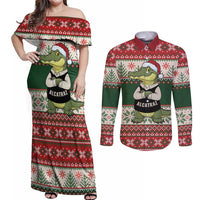 Funny Christmas Alligator Santa Couples Matching Off Shoulder Maxi Dress and Long Sleeve Button Shirt Knitted Pattern - Wonder Print Shop