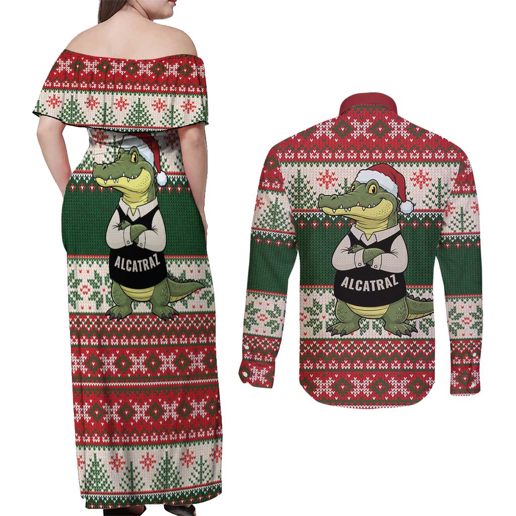 Funny Christmas Alligator Santa Couples Matching Off Shoulder Maxi Dress and Long Sleeve Button Shirt Knitted Pattern - Wonder Print Shop