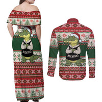 Funny Christmas Alligator Santa Couples Matching Off Shoulder Maxi Dress and Long Sleeve Button Shirt Knitted Pattern - Wonder Print Shop