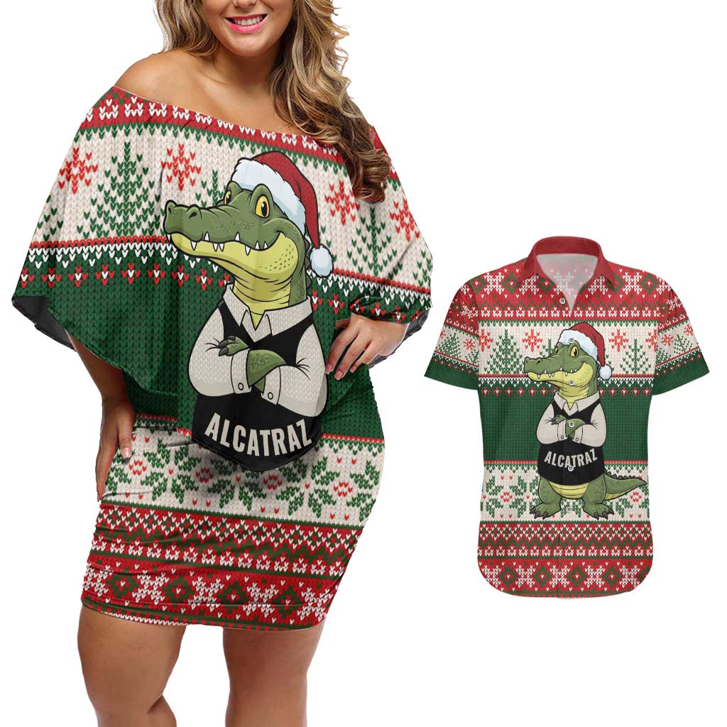 Funny Christmas Alligator Santa Couples Matching Off Shoulder Short Dress and Hawaiian Shirt Knitted Pattern - Wonder Print Shop
