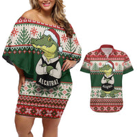 Funny Christmas Alligator Santa Couples Matching Off Shoulder Short Dress and Hawaiian Shirt Knitted Pattern - Wonder Print Shop