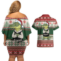 Funny Christmas Alligator Santa Couples Matching Off Shoulder Short Dress and Hawaiian Shirt Knitted Pattern - Wonder Print Shop