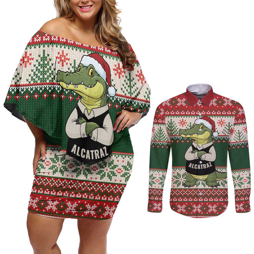 Funny Christmas Alligator Santa Couples Matching Off Shoulder Short Dress and Long Sleeve Button Shirt Knitted Pattern - Wonder Print Shop