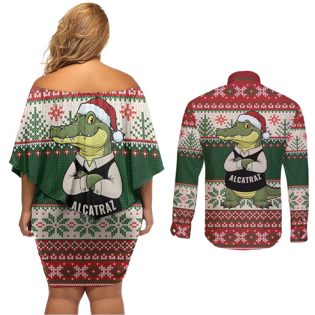 Funny Christmas Alligator Santa Couples Matching Off Shoulder Short Dress and Long Sleeve Button Shirt Knitted Pattern - Wonder Print Shop