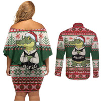 Funny Christmas Alligator Santa Couples Matching Off Shoulder Short Dress and Long Sleeve Button Shirt Knitted Pattern - Wonder Print Shop