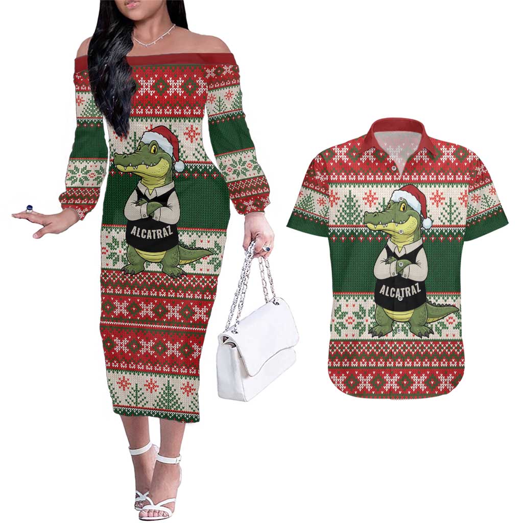 Funny Christmas Alligator Santa Couples Matching Off The Shoulder Long Sleeve Dress and Hawaiian Shirt Knitted Pattern - Wonder Print Shop